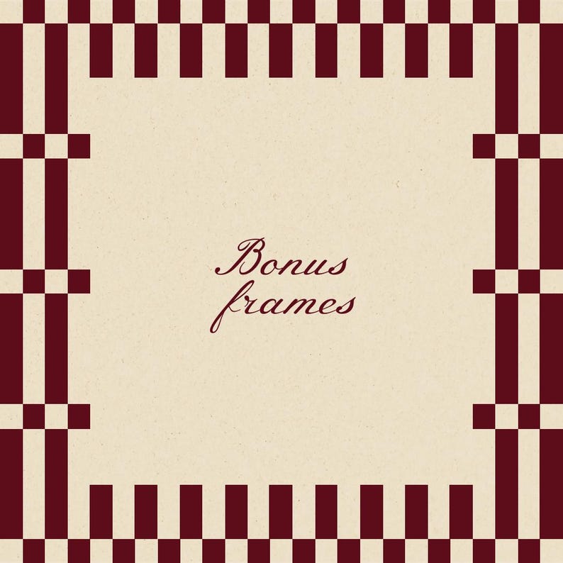 Pode incluir: Um design quadrado com um centro creme e uma borda bord&ocirc;. A borda apresenta um padr&atilde;o repetitivo de listras verticais e quadrados quadriculados. As palavras "Bonus frames" est&atilde;o escritas em script bord&ocirc; no centro.