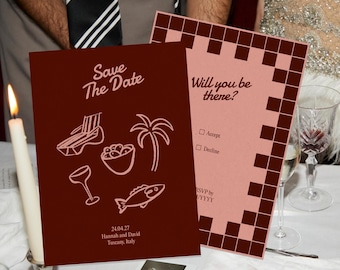 Modelo de Convite para Reserva de Data | Design Canva Editável com Ilustrações Desenhadas à Mão | Papelaria para Casamento