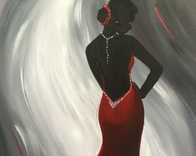 The Red Dress, elegant, silhouette woman, white, black, gray, red, original acrylic painting by RAEME 16"x20" canvas