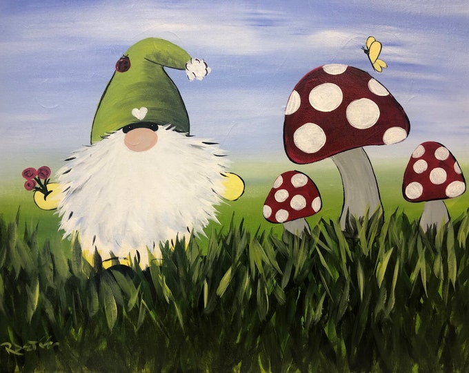 Spring Gnome, Summer, Cute Gnome Art, mushroom, seasonal art by RAEME, original acrylic painting