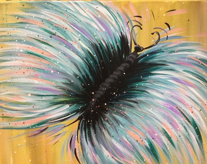 Butterfly, teal, pink, gold, purple original acrylic painting by RAEME 16"x20" canvas
