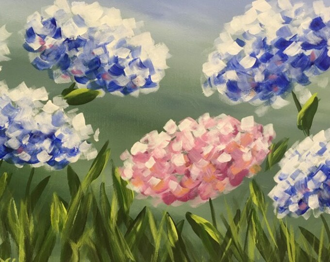 Hydrangeas, flowers, purple, blue, summer, grasses original acrylic painting by RAEME 16"x20" canvas