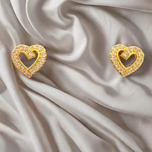 Dainty Heart Stud Diamond Earrings, 24K Gold Plated Tiny Gold Heart Earrings, Friendship Jewelry, Trendy BestFriend Gift, Gift for Her, Love