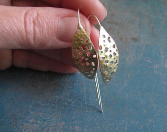 botanical threader earrings. mixed metal nature jewelry handmade. margolladesign. metalsmith jewelry. gold fading leaf earrings.