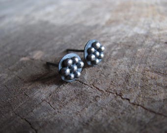 Handmade granulation earrings. Black and silver berry stud earrings. Oxidized botanical earrings. Metalsmith earrings. Two tone earrings.
