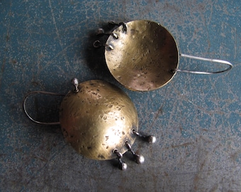 Sale. Modern bohemian dome earrings. Handmade mixed metal oxidized jewelry. Geometric brass and silver artistic earrings by Marolladesign
