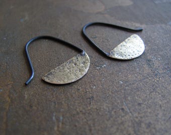 Sale. Geometric handmade mixed metal jewelry. Unique minimalist earrings. Half moon brass and silver earrings. Oxidized mixed metal earrings