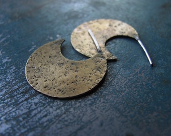 Sale. Moon stud earrings. Geometric handmade mixed metal jewelry. Unique minimalist brass and silver earrings. Oxidized mixed metal earrings