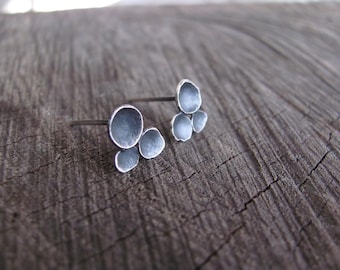 Dome multi disc studs. Botanical oxidized stud earrings. Feminine handmade flower earrings. Metalsmith discs post earrings.