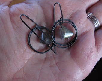 Sale. Oxidized sterling silver triple hoop earrings. Black large hoops with labradorite stone. Handmade jewelry by Margolladesign.