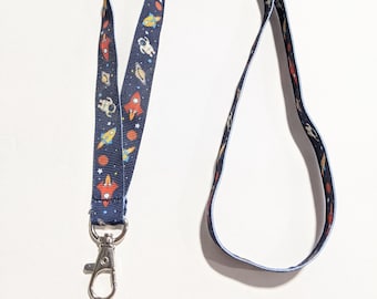 Outer Space Lanyard: Rocket & Astronaut, 5/8" Double Sided ID Badge Holder