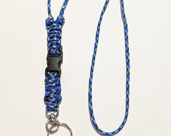 Blue, White and Black Minimalist Paracord or Parachute Cord ID or Keychain Lanyard with a Detachable End