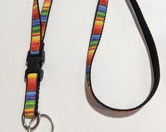 Rainbow Serape Lanyard: Detachable Keychain with Breakaway Buckle, 1/2" Wide