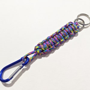Blue, Pink and Yellow Knotted Paracord Keychain with Carabiner Clip