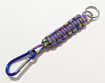 Blue, Pink and Yellow Knotted Paracord Keychain with Carabiner Clip