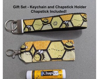 Bee Gift Set | Bumble Bee Keychain | Honey Comb Lip Balm Holder | Bees and Honey Comb | Lip Balm Case and Keychain | 2 Piece Set