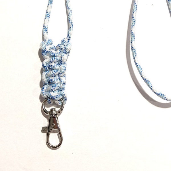 White and Blue Minimalist Paracord or Parachute Cord ID Lanyard with a Lobster Claw Clasp or Clip