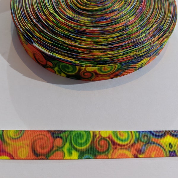 3 Yards of 5/8" Ribbon - Psychedelic Swirls Like Tie Dye #10139
