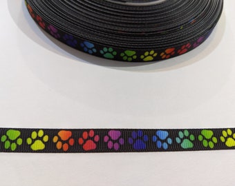 3 Yards of 3/8 Inch Wide Ribbon | Rainbow Paw Print Ribbon | Paw Print Narrow Ribbon | Rainbow Colored Dog or Puppy Paw Prints #10683