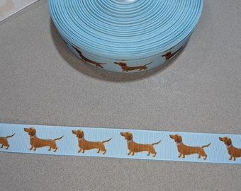 Dachshund Grosgrain Ribbon: 7/8" Blue & Green Wiener Dog, 3 Yards Decorative Trim