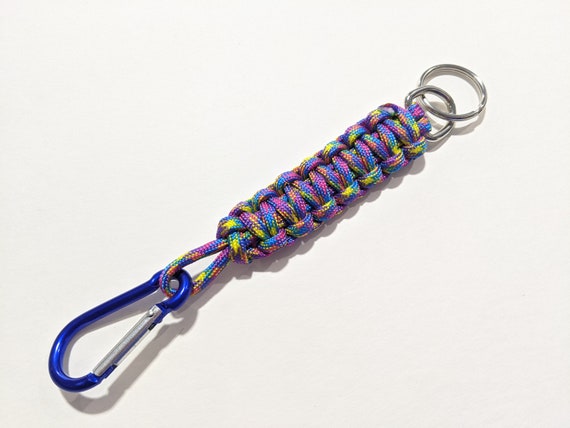 Heavy Duty Paracord Keychain - Blue Pink Yellow Knotted 550 Parachute Cord - Sturdy Key Fob with Carabiner and D-Ring - Outdoor Keychain