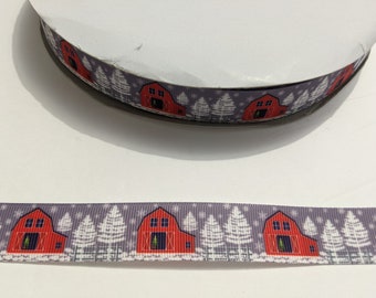 3 Yards of 7/8" Ribbon - Gray with Snowy Winter with Red Barn #11212