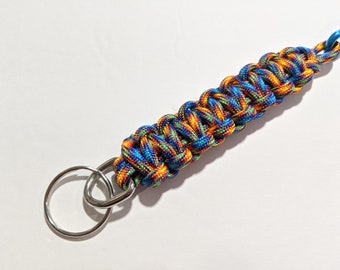 Blue and Orange, Like Aztec Pattern Knotted Paracord Keychain With