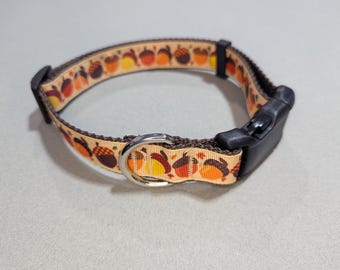 May include: A brown dog collar with a beige background and a pattern of orange and brown acorns. The collar has a black plastic buckle and a silver metal D-ring.