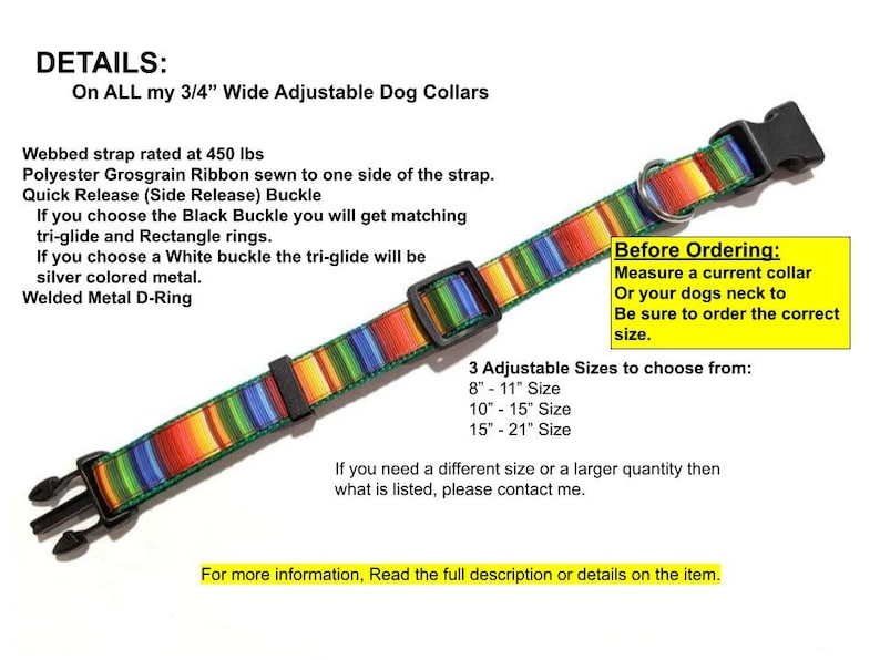 Rainbow Serape Dog Collar: Adjustable Mexican Blanket Stripe Pet Collar, (3/4" Wide) image 7