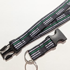 Military Green Stripe Flag Lanyard: Detachable Keychain, Breakaway Buckle, (1&quot; Wide)
