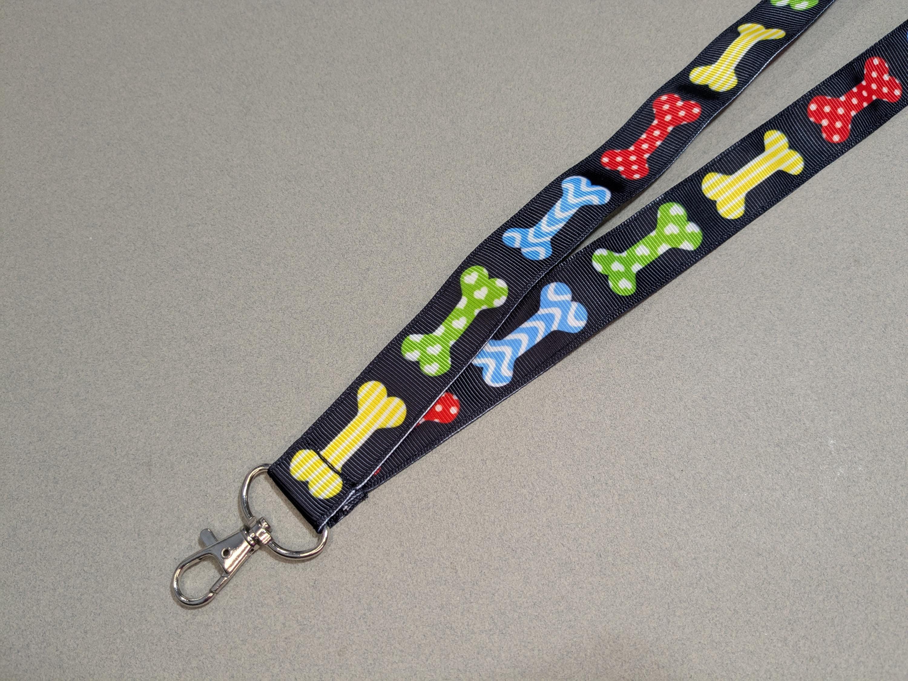 Dog Bone ID Lanyard: Rainbow Grosgrain Ribbon, 1" Wide Breakaway Safety Lanyard
