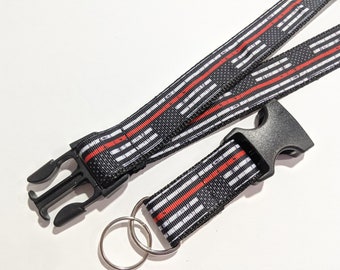 Fireman Red Stripe Flag Detachable Keychain Lanyard, 1 Inch Wide and 22 Inches, Choose The Breakaway Buckle for Safety