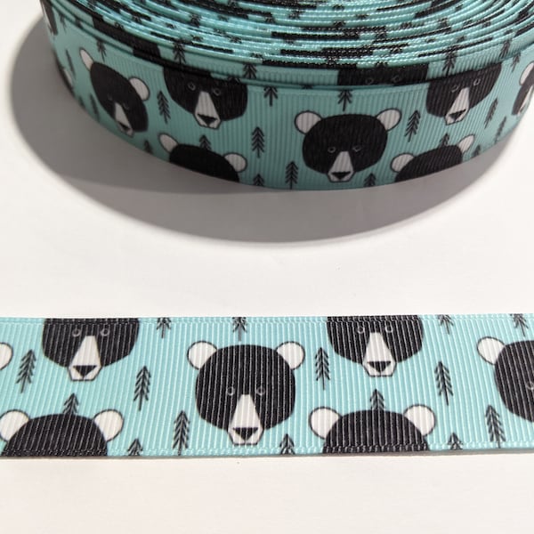 3 Yards of 1" Ribbon - Aqua Blue with Black Bears #10980