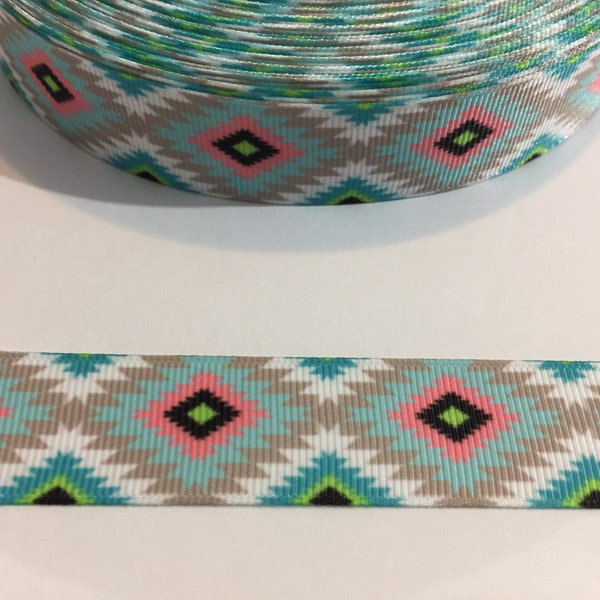 3 Yards of 7/8" Ribbon - Aqua Bue and Gray Aztec #10410