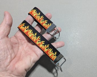 Flames or Fire Keychain, 3" Key Fob or 6" Wristlet, You Pick Strap Color