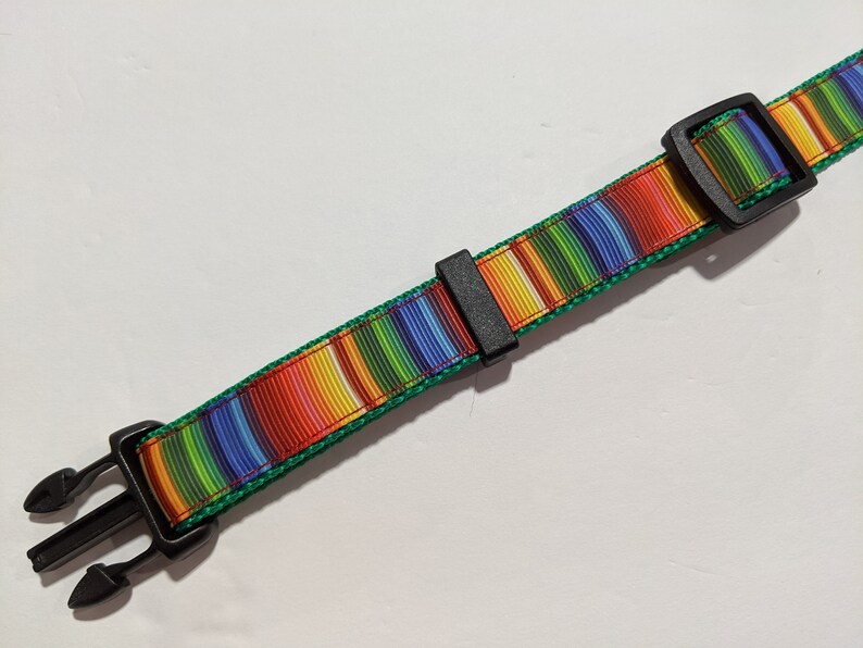 May include: A colorful striped dog collar with a green border and black plastic buckle.