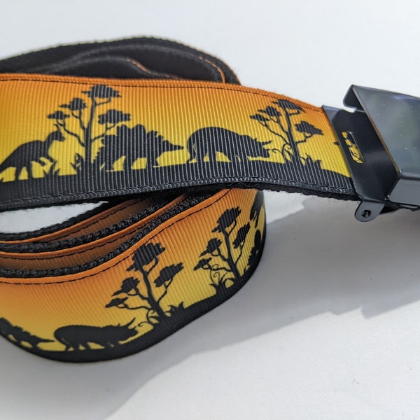 Belt in All Sizes Black and Orange Sunset with Dinosaurs Handmade 1 1/2" Wide  with a Military Buckle 1.5" Wide