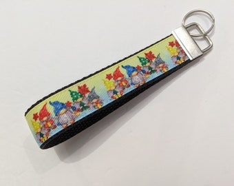 Keychain Yellow and Blue with Christmas Gnomes Key Fob Keychain Wristlet 1" Wide