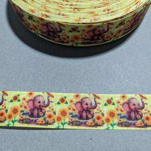 1 mètre de ruban 2,5 cm - Fleurs jaunes avec éléphants #11475 - Ruban adhésif décoratif, garniture à coudre, journal indésirable à rajouter