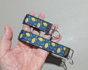 Blue with Lemons Keychain, 3" Key Fob or 6" Wristlet, You Pick Strap Color