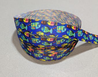 Fish Ribbon 7/8 Inch Royal Blue Grosgrain Sew On Trim 3 Yards Continuous Cut Under the Sea Ocean Colorful Hair Bow Craft Supplies