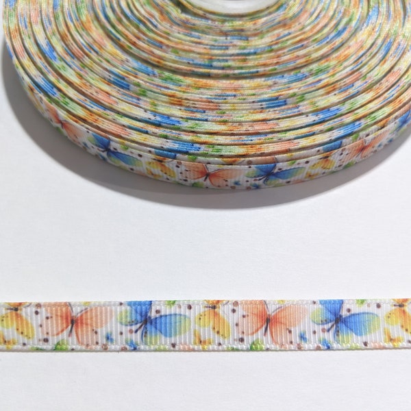 3 Yards of 3/8 Inch Wide Ribbon | Butterflies Ribbon | Butterfly Narrow Ribbon | Pink, Blue, Yellow Butterfly Ribbon #10701