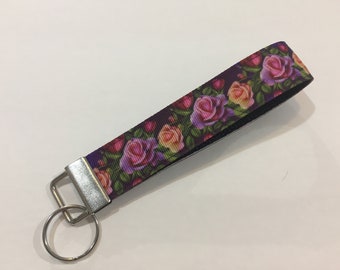 Roses Wristlet Keychain | Flower 1 Inch Wide Key Fob | Floral Handle Keychain | Cute Keychain | Pretty Flower Lanyard | Purple Rose Keychain