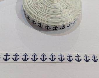 3 Yards of 5/8" Ribbon - White with Navy Blue Anchors #10127