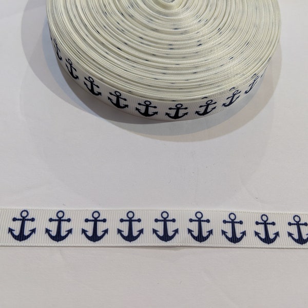 3 Yards of 5/8" Ribbon - White with Navy Blue Anchors #10127