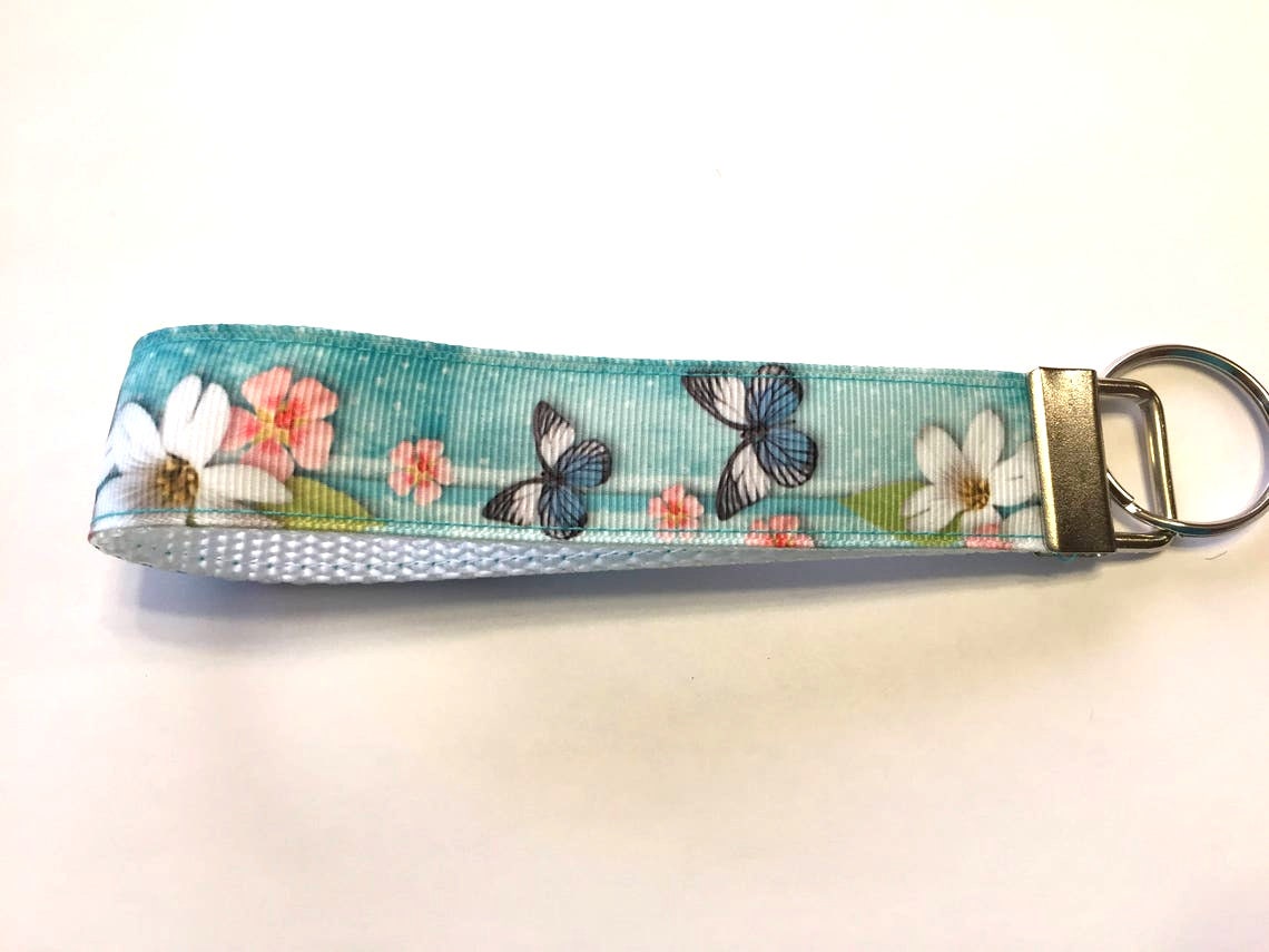 Butterfly Keychain Wristlet: Blue Fabric Key Fob, New Driver Gift, (1 ...