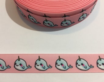 3 Yards of 7/8" Ribbon - Pink with Narwhals #10544