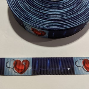3 Yards of 7/8" Ribbon - Blue with Heartbeat, Heart and Stethoscope #11045