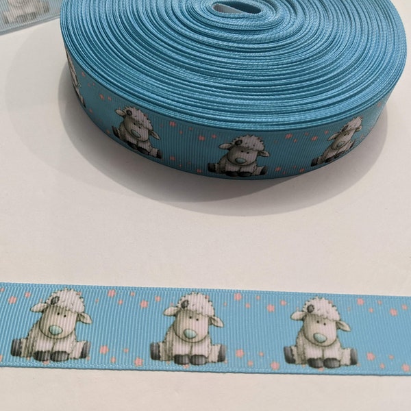 3 Yards of 1" Ribbon - Blue with White Sheep #11127