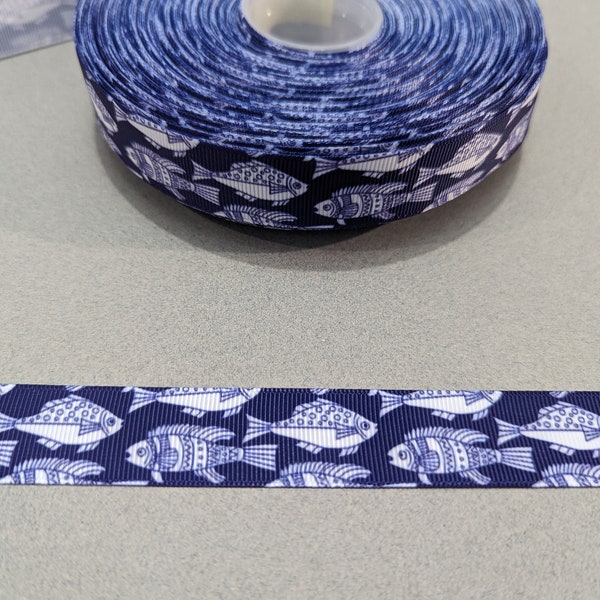 3 Yards of 7/8" Ribbon - Dark Blue with White Fish #11396